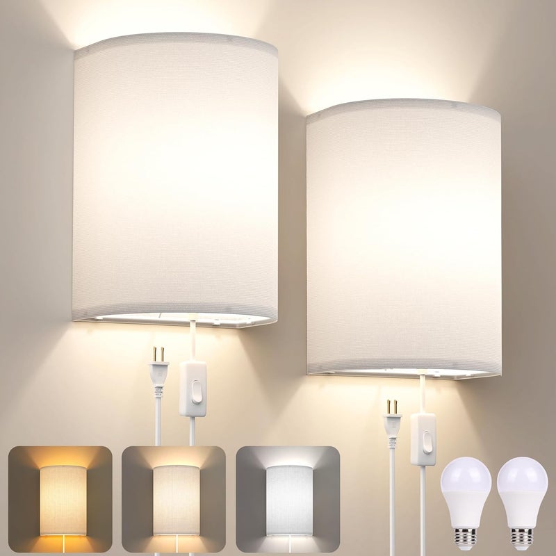 Yunaking Plug in Wall Sconces Set of Two: Wall Lights with On/Off Switch - Stepless Color Temperature Wall Mount Lamps - Fabric Linen Wall Sconce for Bedroom Living Room & Hallway- Indoor Corded Wall Sconces - Image 1